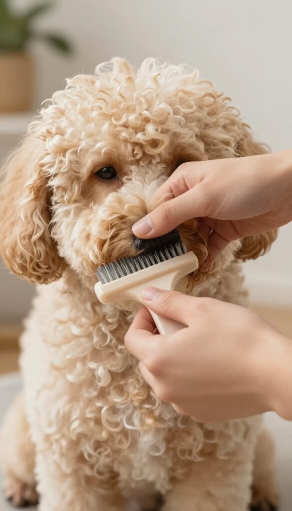 Close-up of hands using proper brushing technique on a dog's curly coat with a plain brush, emphasizing gentle strokes and section-by-section grooming in natural light.