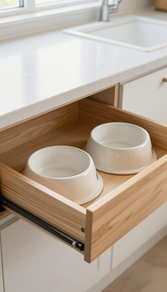 A close-up view of a kitchen drawer transformed into a dog feeding station with a custom insert and non-slip mats holding bowls securely.