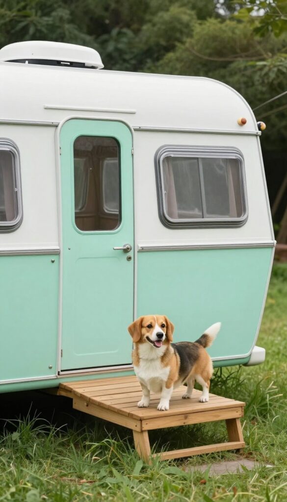 Teardrop camper-style dog house with mint green paint and white trim in a sunny backyard.