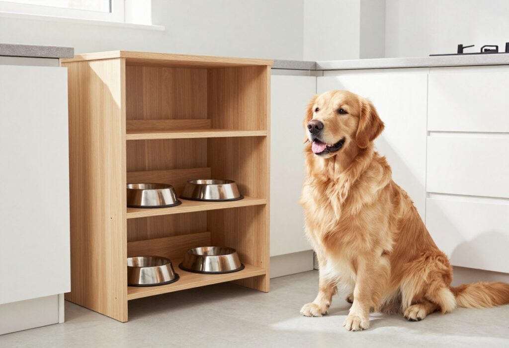 Modern dog food storage cabinet with built-in bowls in a kitchen, featuring a golden retriever nearby.