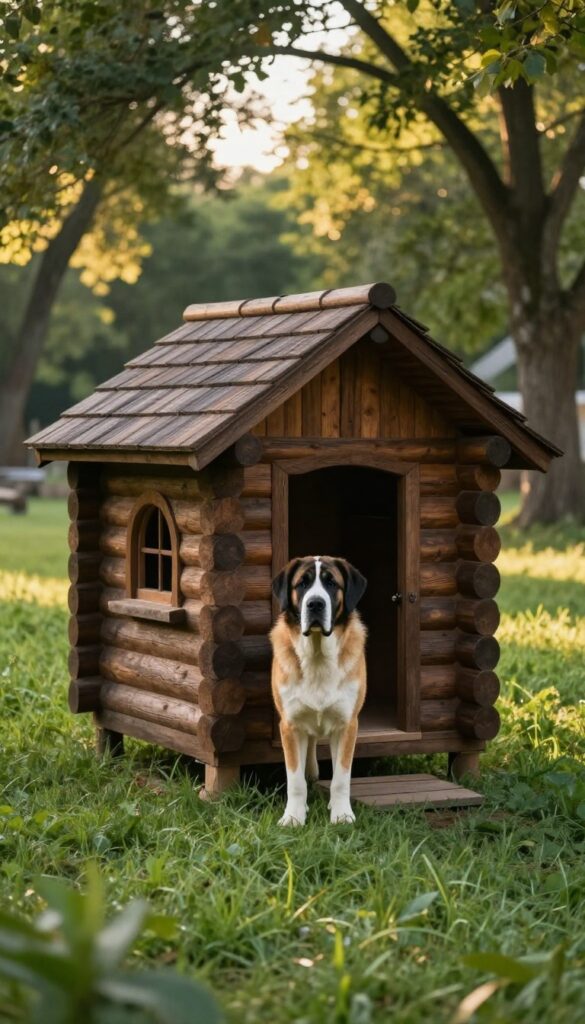 Log cabin style dog house for giant dogs in a sunny backyard with a large dog sitting in front.
