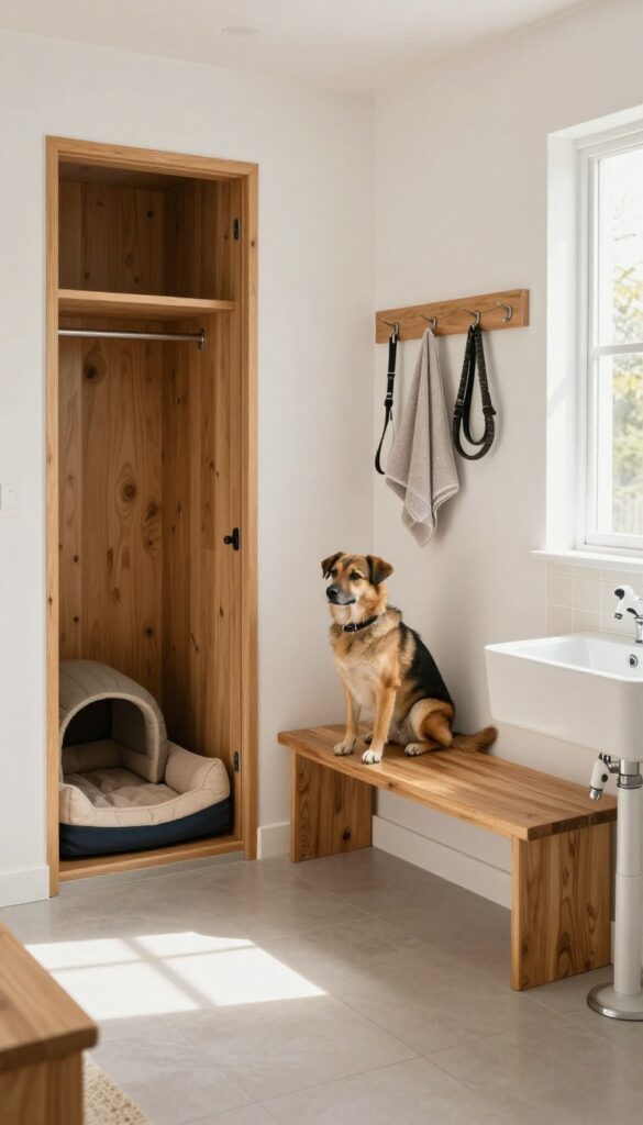 Convertible kennel and mudroom combo under stairs with bench, hooks, and wash station, featuring a dog.