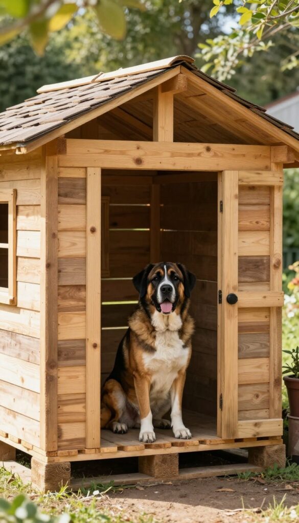 DIY pallet dog house for giant breeds in backyard