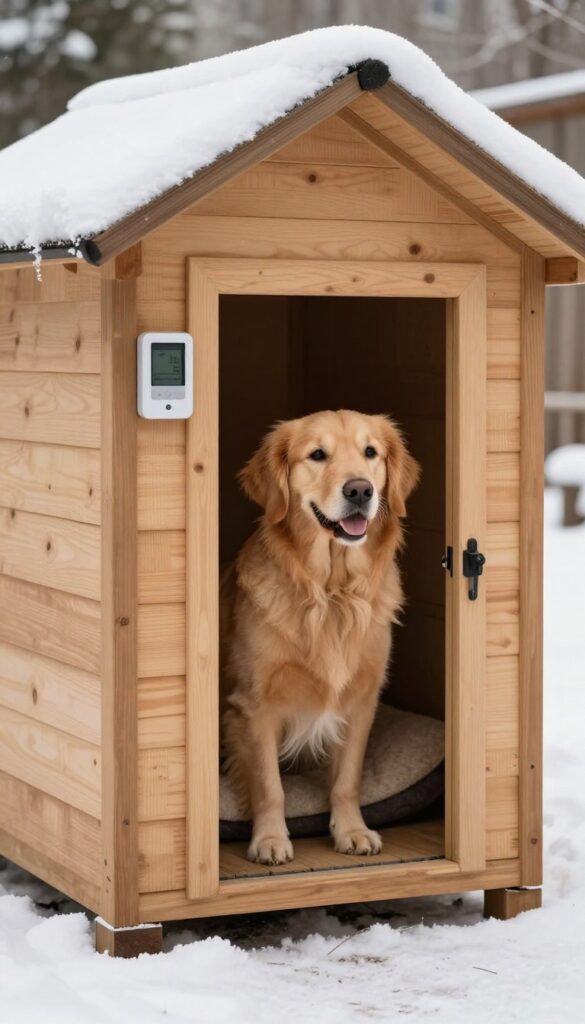 Heated dog house with built-in thermostat in winter setting