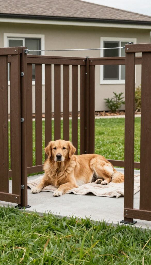 Chain link kennel with privacy slats on side of house, dog resting inside on concrete base
