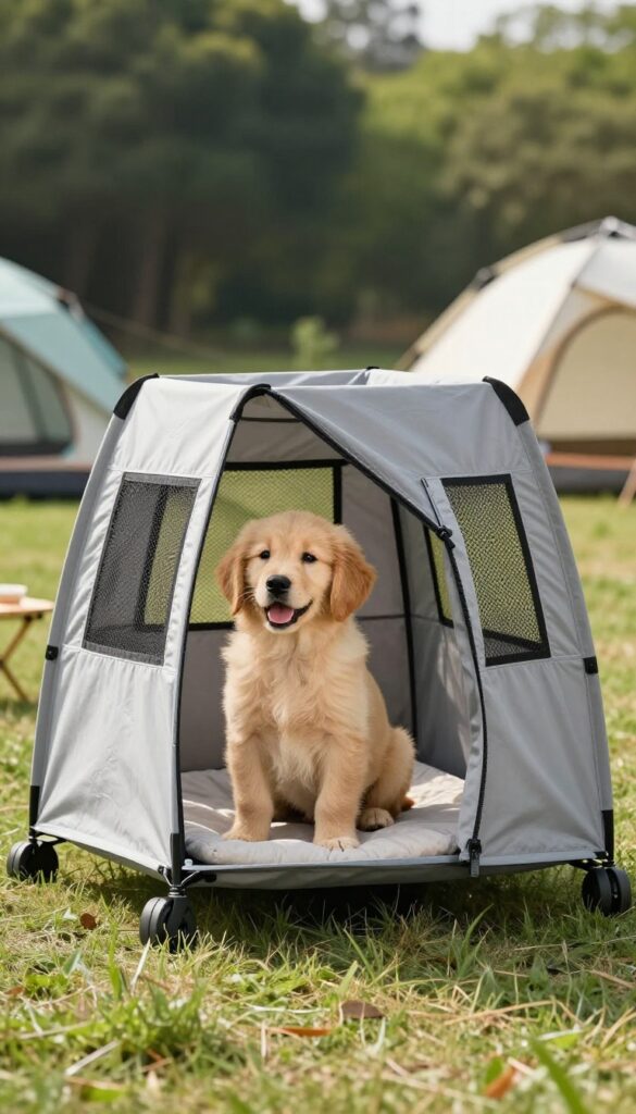 Portable pop-up dog house on grass with golden retriever puppy inside, camping setting