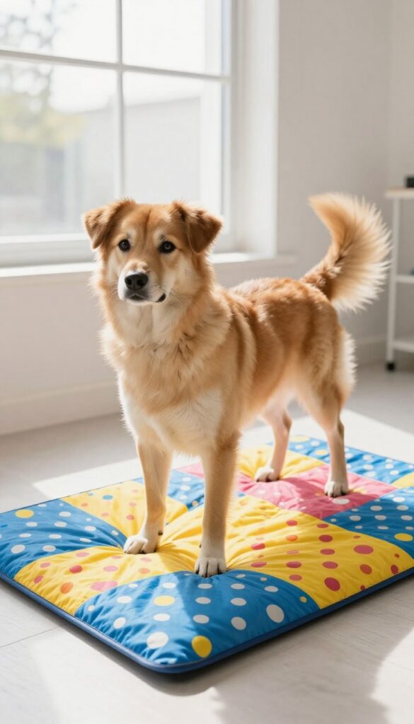 A colorful patterned dog mat with a calm dog on it in a bright home grooming area