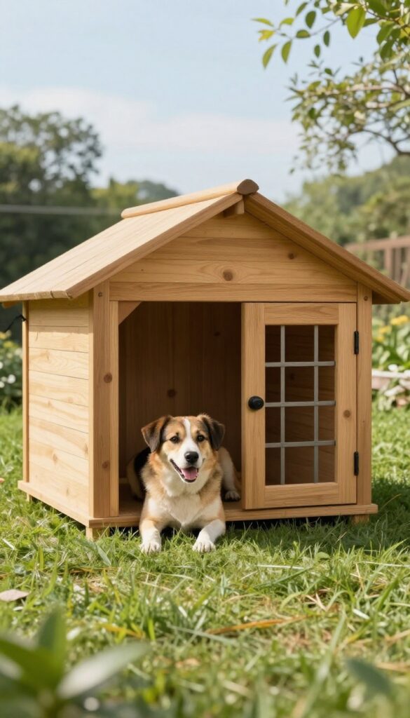 Cedar dog house with overhanging eaves providing shade for a dog lounging outside