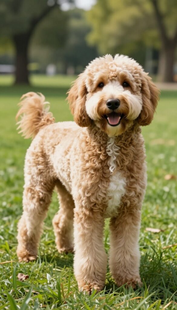 Goldendoodle with Modified Schnauzer Cut in a park, showcasing stylish low-maintenance haircut for active families.