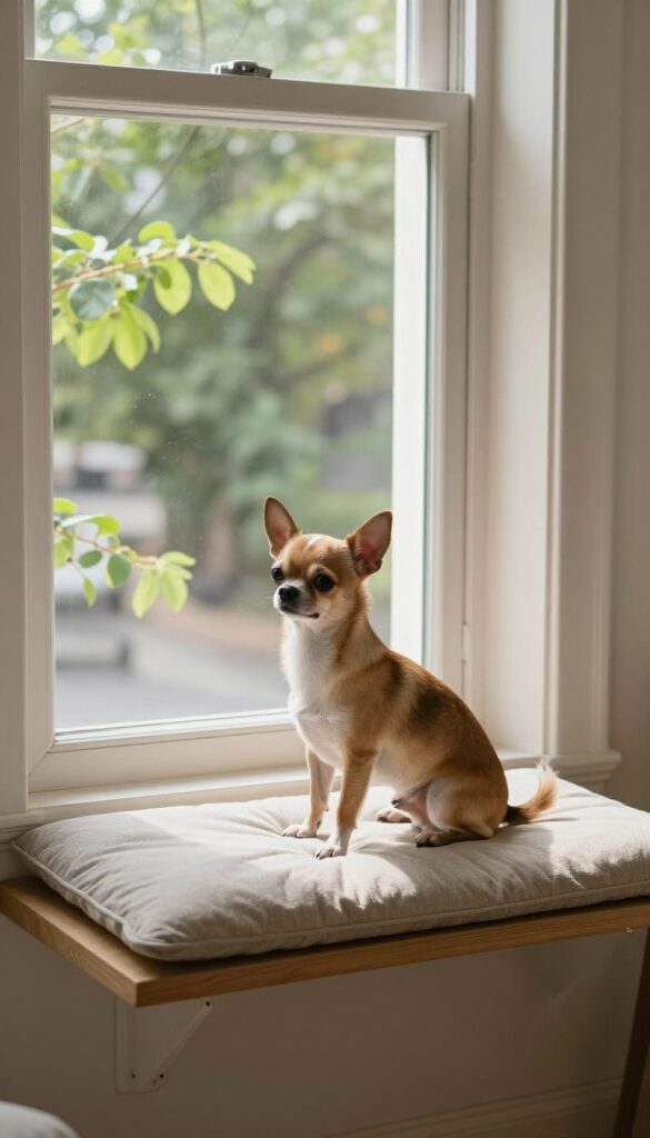 Small dog sitting on a window perch in a cozy corner, looking outside.