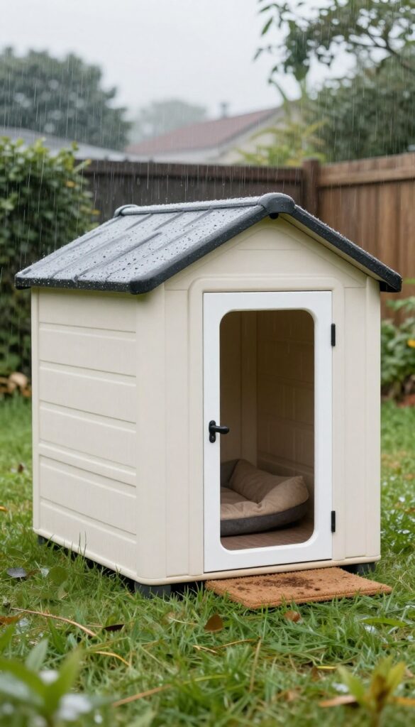 Repurposed plastic storage shed turned into a dog house in a rainy backyard