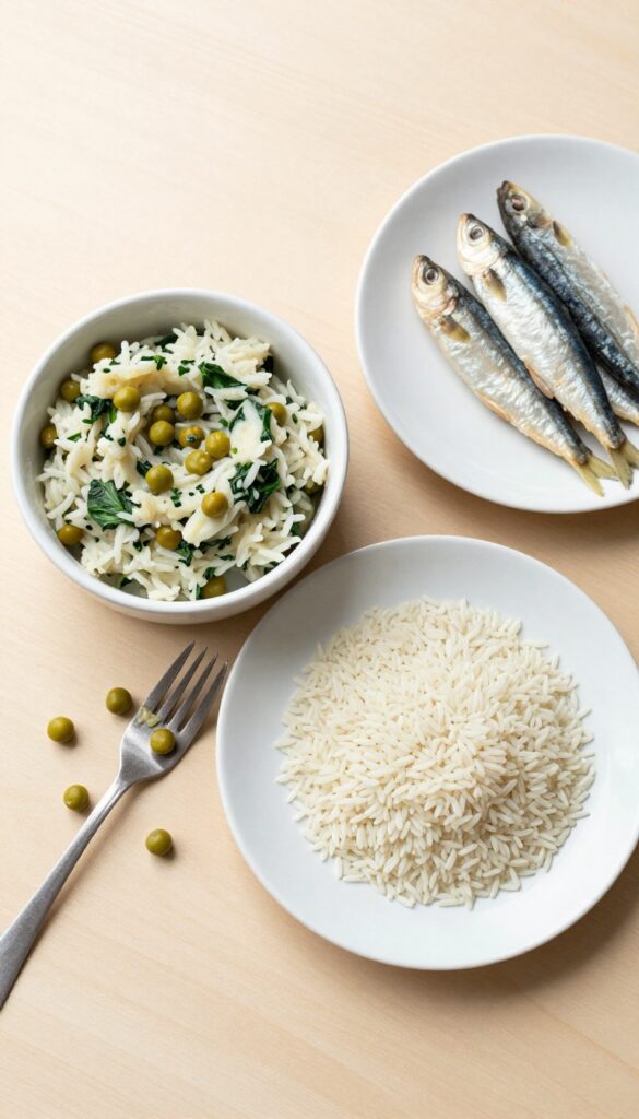 Homemade sardine superfood dog food mix in a bowl with rice, peas, and spinach