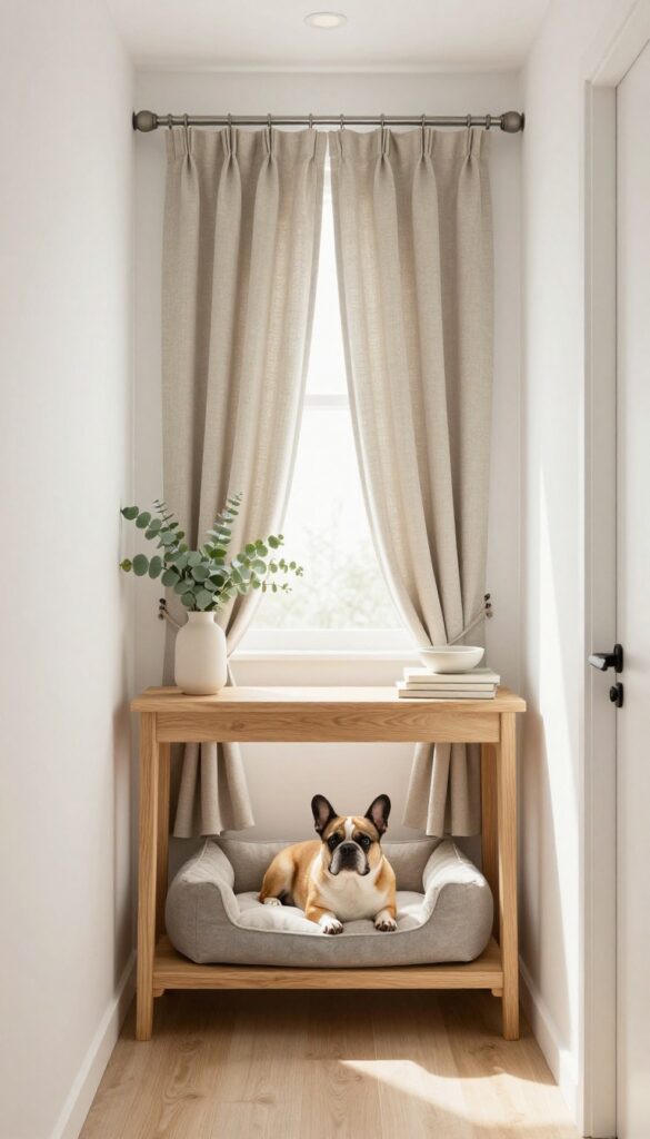 A repurposed console table turned into a hidden dog house with a curtain, placed in a bright hallway.
