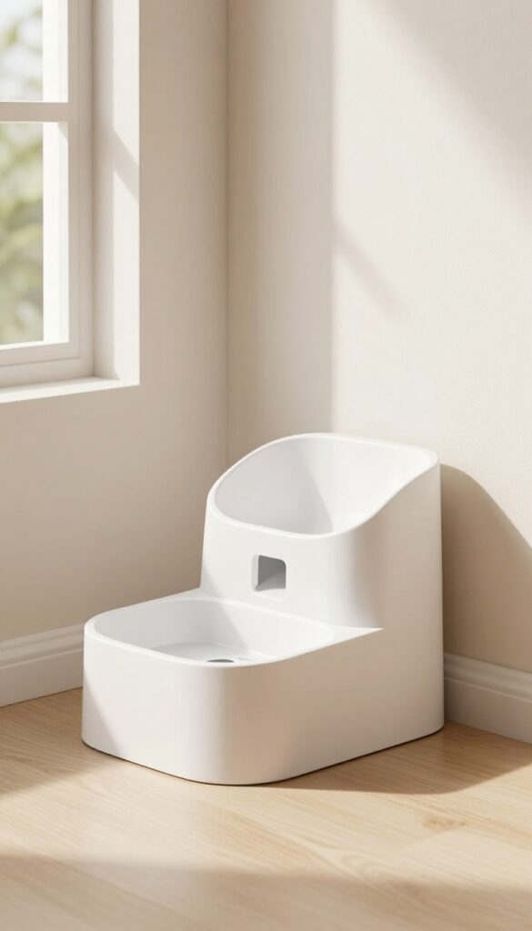 A mid-century modern dog feeder with an integrated water station in a bright, clean setting.