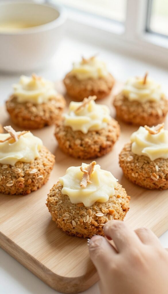 Homemade chicken and sweet potato dog pupcakes with mashed potato frosting, photorealistic, bright natural light, dog paw reaching for treats