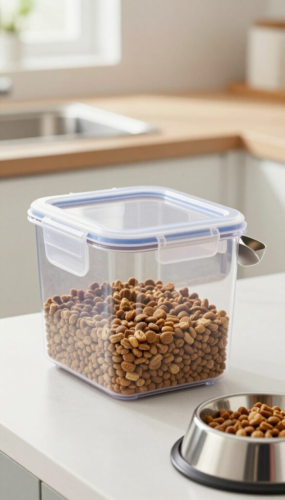 A small airtight dog food bin with an attached scoop holder on a kitchen counter, showcasing convenience for pet feeding in a clean, bright setting.