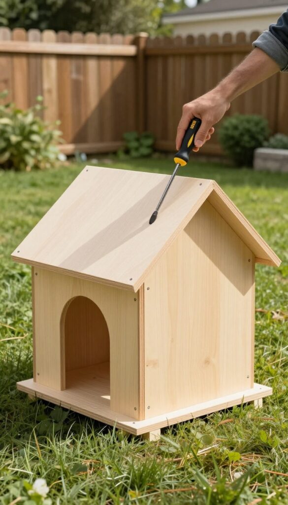 Person assembling a plywood dog house with a manual screwdriver in a sunny backyard