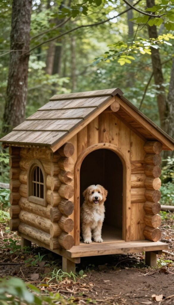 Log cabin style dog house in a wooded yard with a dog sitting in front
