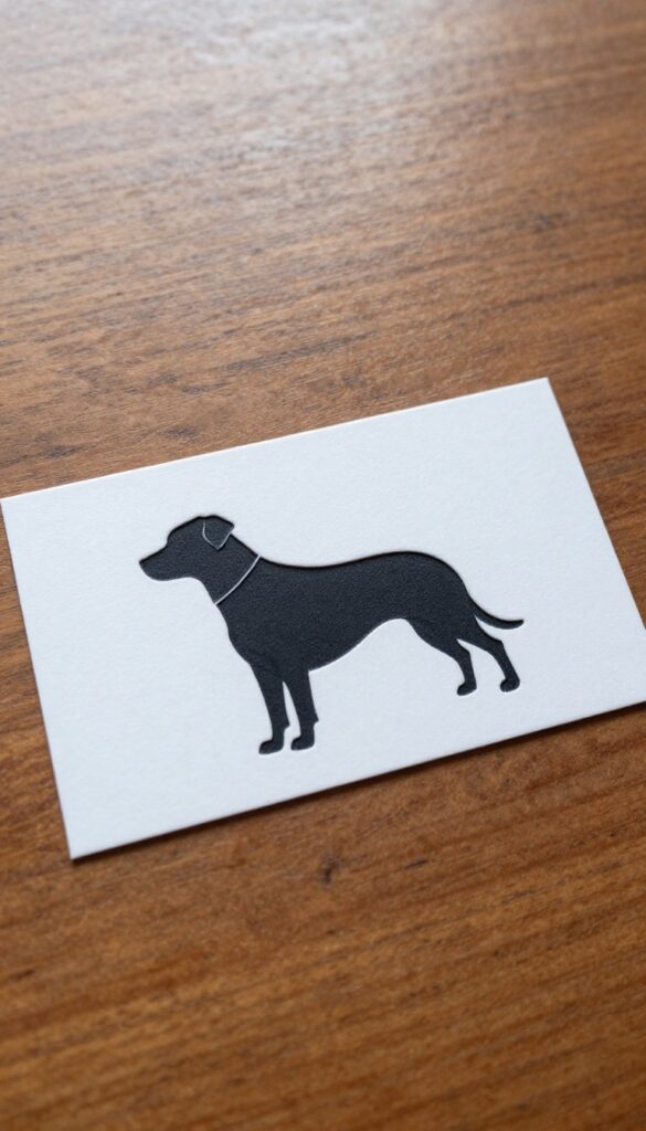 Close-up of an embossed business card with a raised dog silhouette detail, resting on a textured wooden surface in natural light.