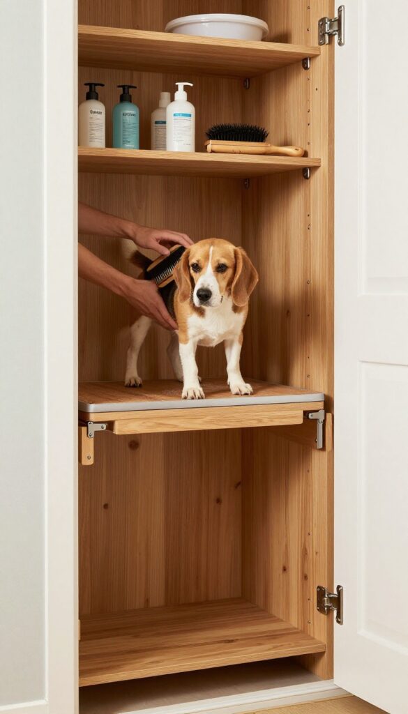 A fold-down grooming table inside a closet door, with a dog being brushed on it and grooming tools stored on shelves, illustrating a space-saving setup for small homes.