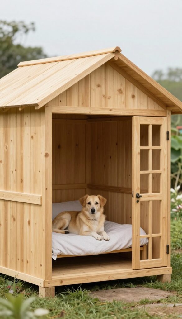 Rustic lean-to dog house attached to a garden shed in a sunny backyard