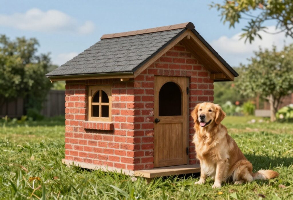 Classic red brick dog house with sloped roof in a sunny backyard, with a golden retriever sitting beside it.