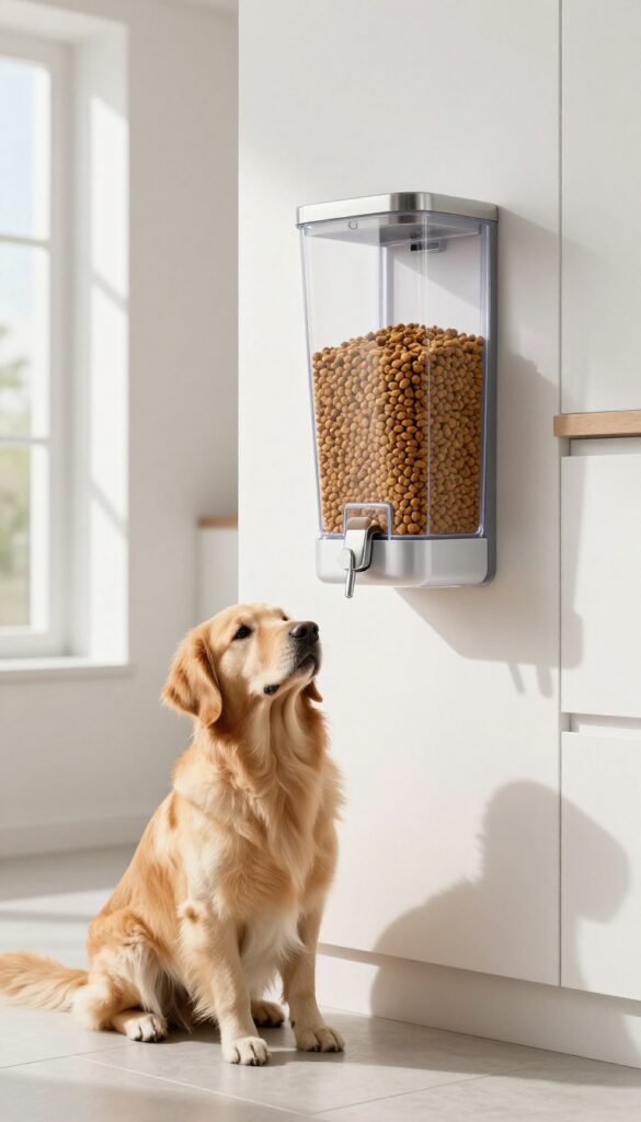 A wall-mounted dog food dispenser in a bright kitchen, with a Golden Retriever waiting below for mealtime.