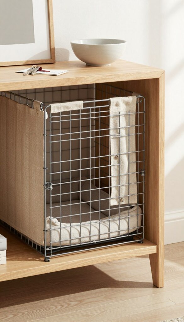 Repurposed console table with dog crate insert in entryway