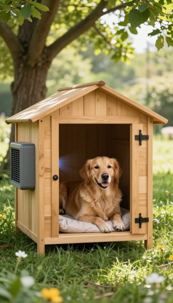 Insulated dog house with portable AC unit, dog resting inside