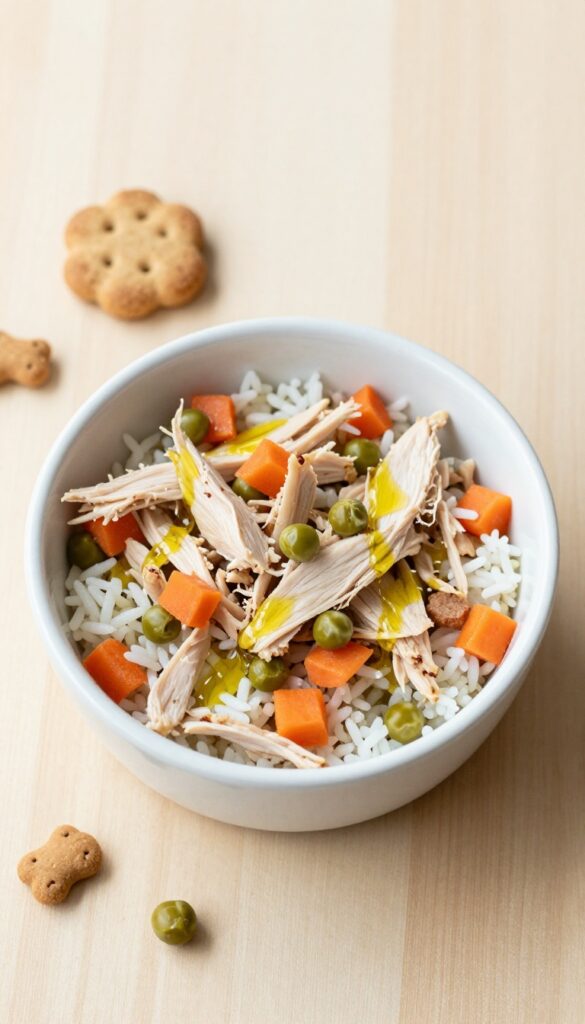 Homemade chicken and rice dog food bowl with carrots and peas on a wooden table