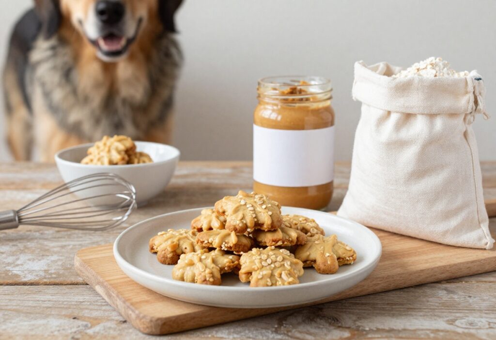 Homemade peanut butter oat dog biscuits and ingredients arranged on a rustic wooden table, with a dog bowl and wagging tail in the background, representing easy dog treat recipes for first-time bakers.