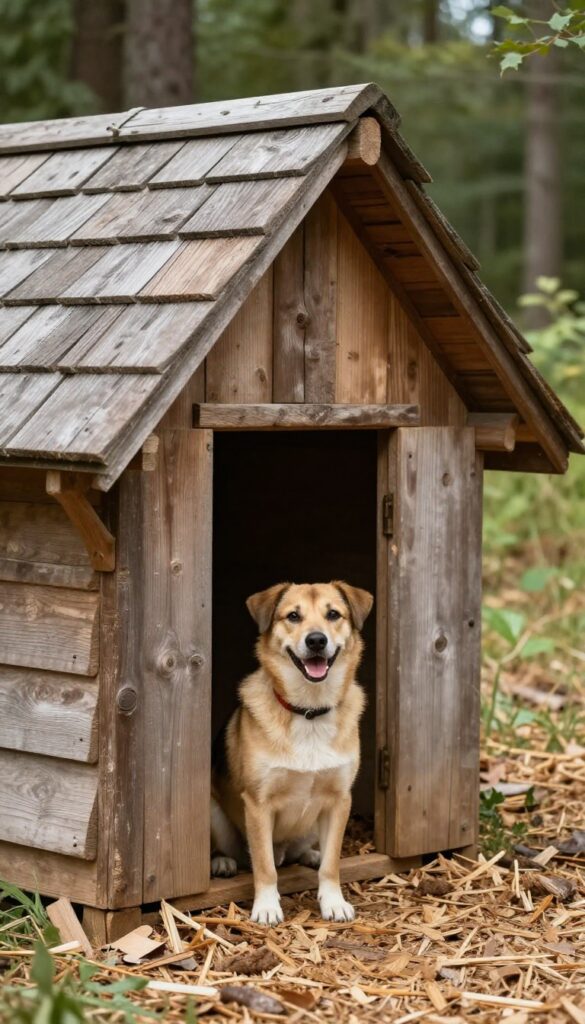 Rustic lean-to dog house attached to a shed with a dog sitting by the entrance.