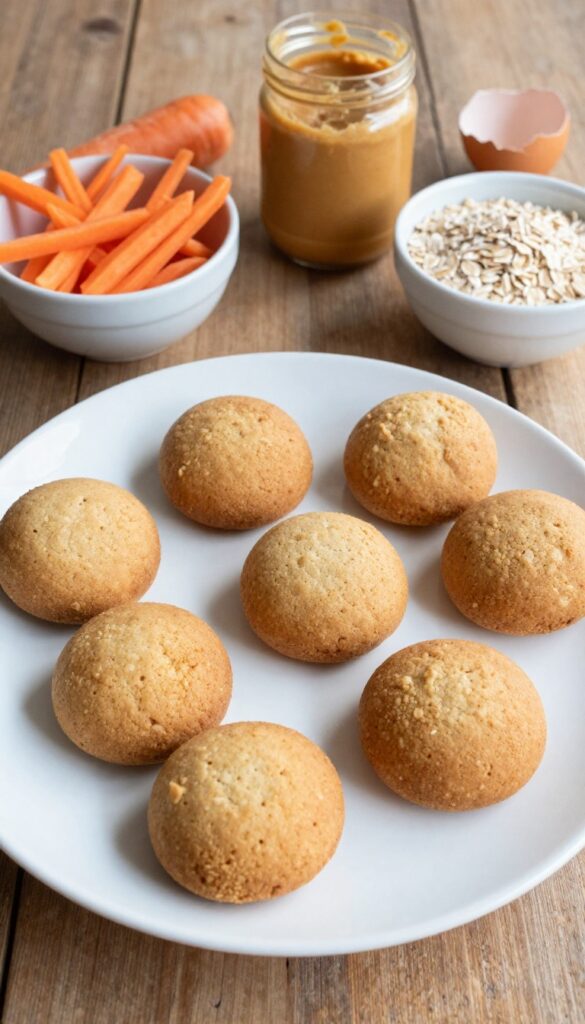 Homemade carrot peanut butter dog biscuits with ingredients like grated carrot, peanut butter, oat flour, and egg, arranged on a wooden table in natural light.