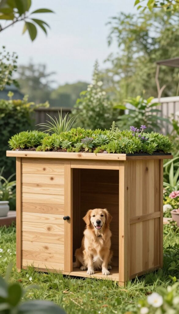 A wooden dog house with a living green roof in a sunny garden, with a golden retriever sitting beside it.