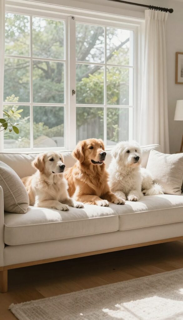Two dogs lounging on a padded window bench in a sunlit living room, looking outside