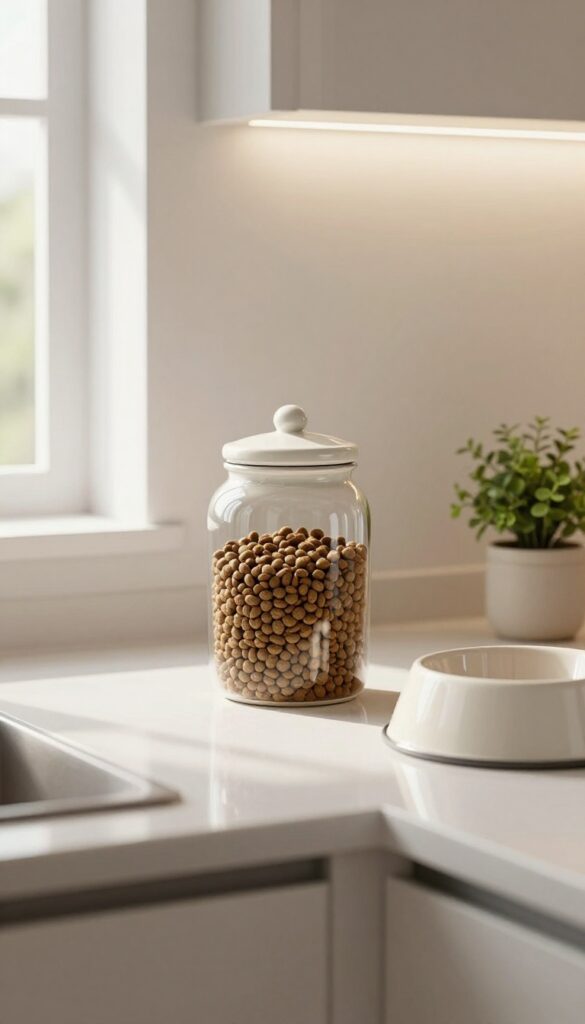 A ceramic jar with an airtight lid filled with dog food on a kitchen counter, styled as a decorative accent in a modern home setting.