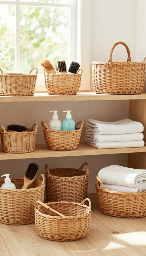 A photorealistic image of an organized dog grooming corner with baskets holding brushes, shampoos, and towels in bright natural light.