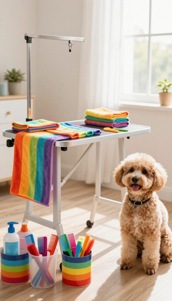 A realistic photo of a DIY rainbow-themed dog grooming station in a home setting, showing organized colorful towels, brushes, and storage bins with a calm dog nearby in bright natural light.