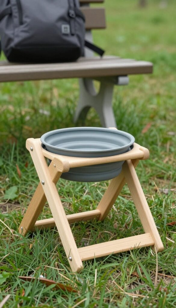 A foldable travel dog feeder with collapsible silicone bowls and wooden frame, set up outdoors in bright natural light for on-the-go feeding convenience.