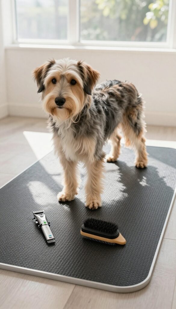 A safe DIY grooming setup at home for a long-haired dog, featuring a non-slip mat and grooming tools in natural light.