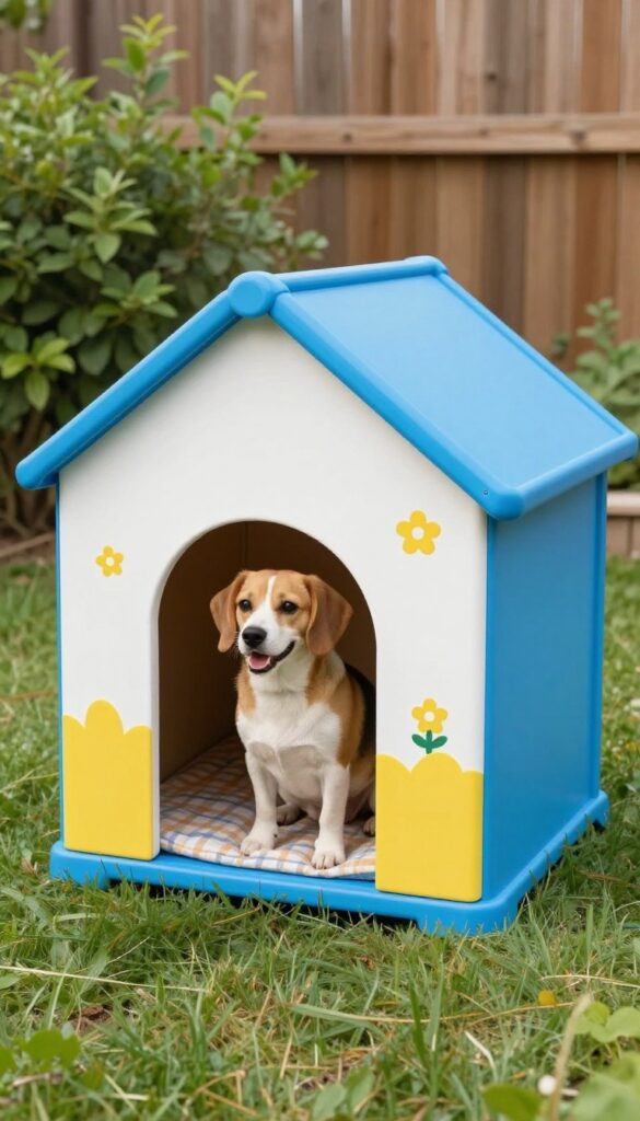 Recycled plastic storage bin dog house in a sunny backyard