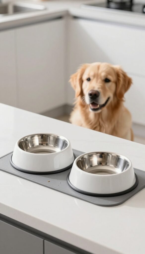 Stainless steel and ceramic dog bowls on a washable mat in a bright kitchen, with a golden retriever in the background, illustrating stain-resistant options for easier cleanup.