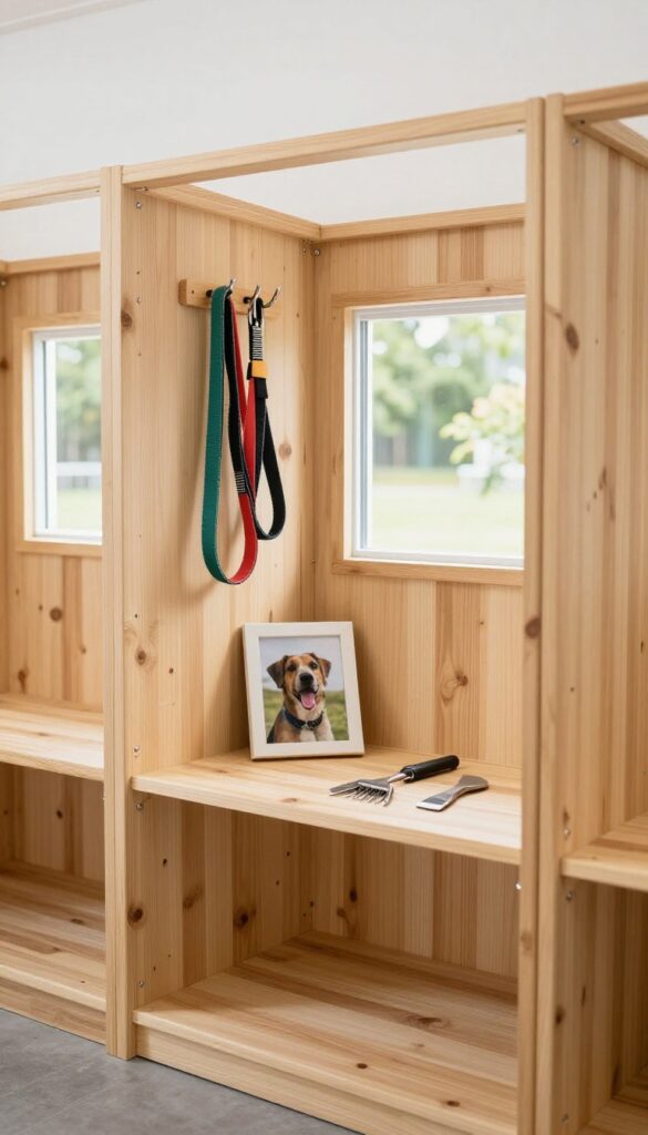 Interior of a personalized dog grooming shed with leash hooks and framed pet photo in natural light