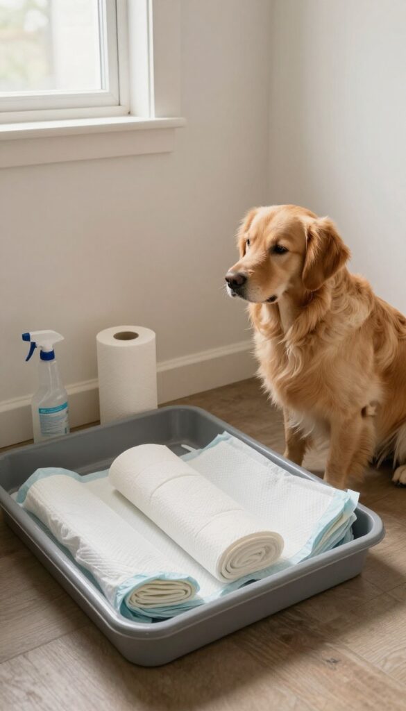 Indoor dog potty area in basement with pee pad tray and cleaning supplies, bright natural light