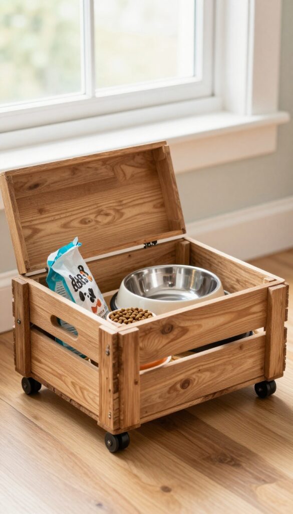 A rustic wooden crate on wheels serving as a mobile dog food station, with bowls and kibble inside, in a bright, clean home setting.