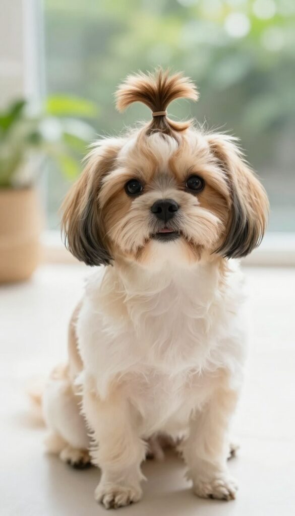 A Poochon dog with a durable topknot grooming style, keeping hair neatly out of its eyes during playtime in natural light.