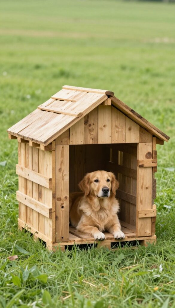 Upcycled pallet dog house in backyard with golden retriever resting inside