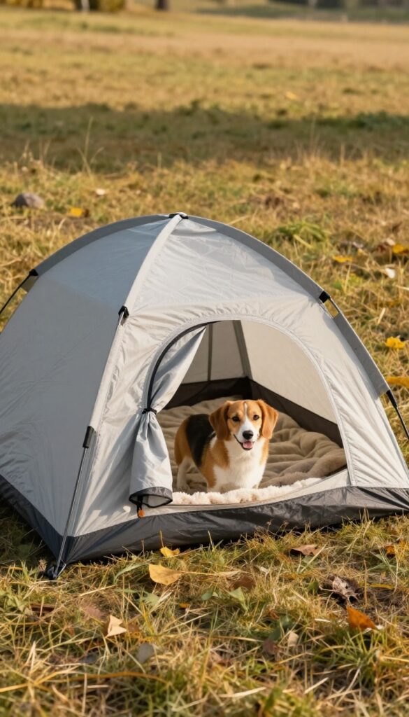 Small insulated dog tent on grass with dog peeking out, camping scene