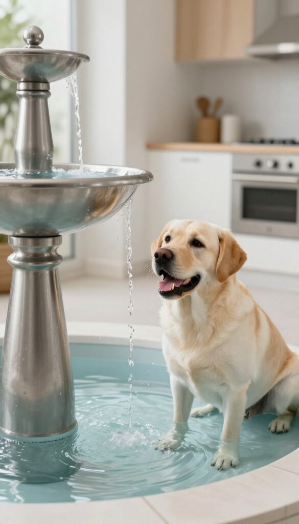 A Labrador retriever drinking from a stainless steel water fountain in a bright, natural-lit home corner, showcasing pet hydration and lifestyle photography.