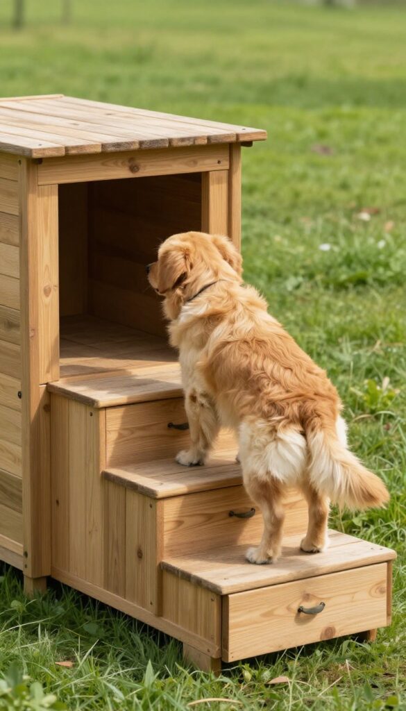 Elevated dog house with storage steps and a golden retriever climbing up